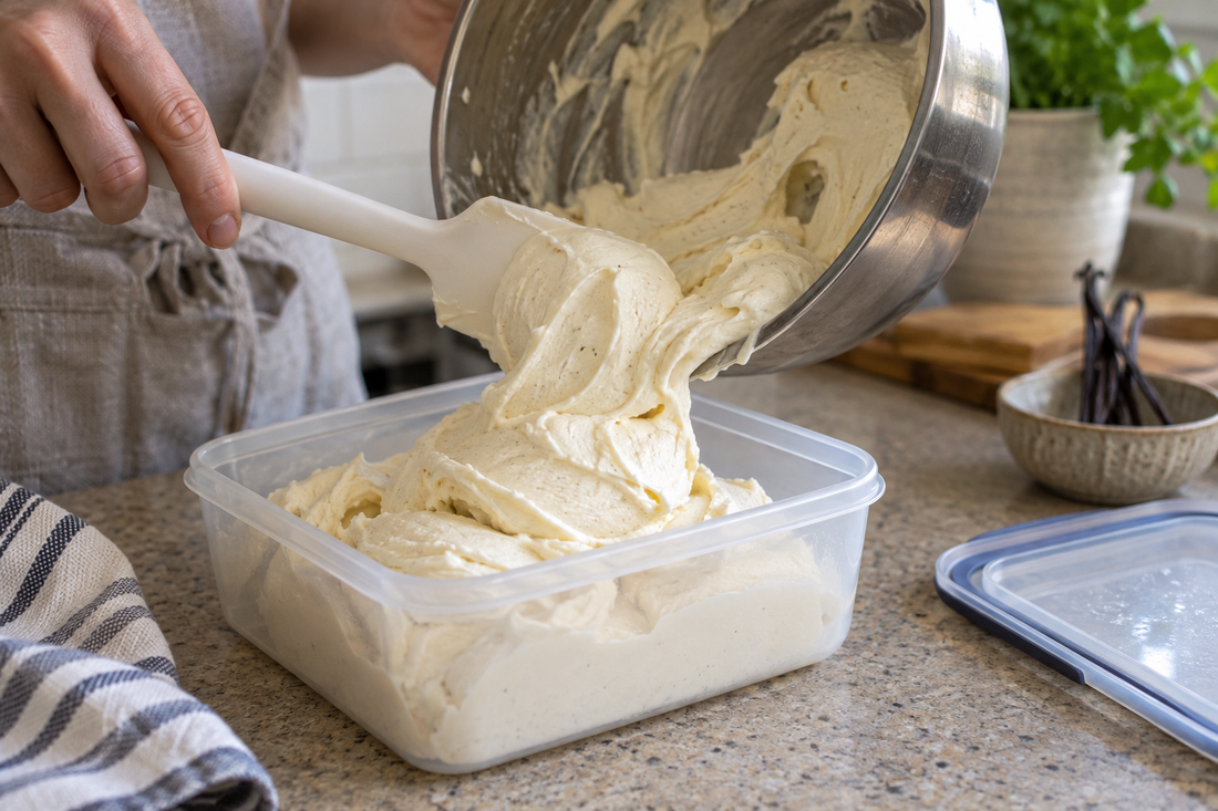 Illustrative soft ice cream being transferred into a freezer-safe container