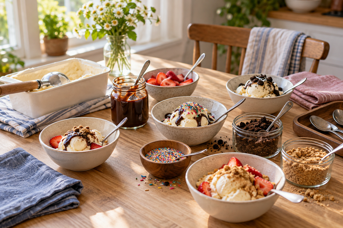 Illustrative home ice cream sundae bar with ceramic bowls and separate topping utensils