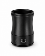 Black 2-in-1 espresso scale and dosing cup upright with LED display on a white background