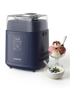 Navy compressor ice cream maker beside strawberry, chocolate and vanilla ice cream