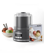 2L ice cream maker beside a bowl of ice cream and OPlace recipe booklet