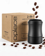 Black espresso scale and dosing cup beside OPlace paper packaging and scattered coffee beans