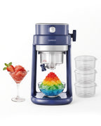 Navy shaved ice maker beside colorful snow cone desserts and stacked round ice molds