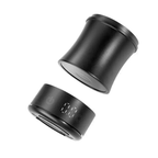 Removable black dosing cup separated above the digital scale base to show the two-piece design