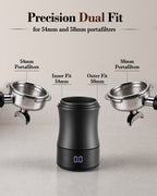 Black dosing cup scale shown between 54 mm and 58 mm portafilters for fit comparison