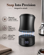 Magnetic dosing cup lifted above the digital scale base in a kitchen setting