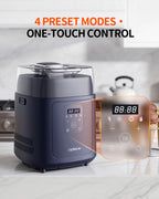 Navy compressor ice cream maker with close-up of four preset touch controls