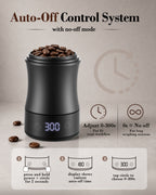 Espresso scale filled with coffee beans with timer and automatic shutoff control graphic