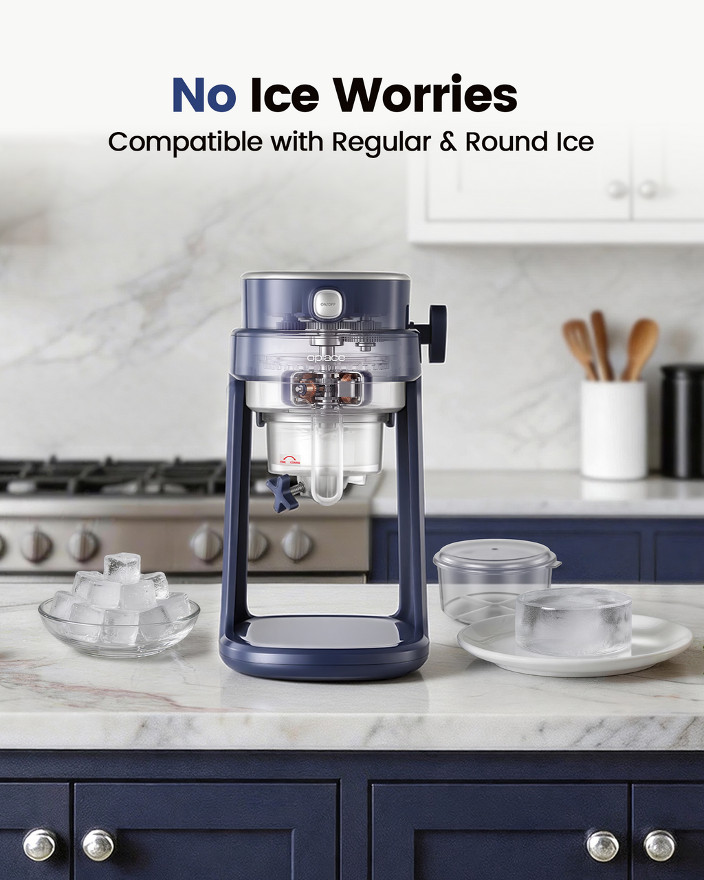 Electric Shaved Ice & Snow Cone Maker - One-Touch Operation, Adjustable Texture with 2 Ice Molds (Dark Blue) - OPLACE Home Series