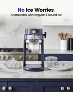 Shaved ice maker shown with regular ice cubes and round molded ice on a kitchen counter