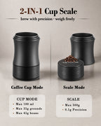 2-in-1 espresso scale shown in cup mode and separate scale mode with capacity details