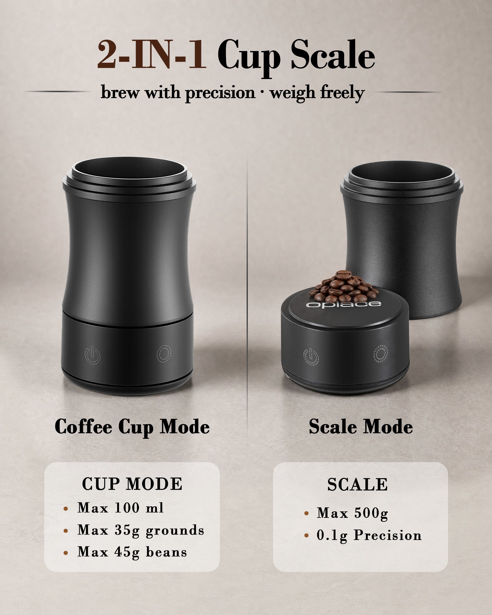 OPlace 2-in-1 Espresso Scale & Dosing Cup – 0.1 g / 500 g