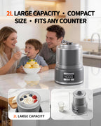 2L ice cream maker on a kitchen counter beside a family sharing bowls of ice cream