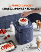 Strawberries added to the removable bowl of the 1L ice cream maker on a kitchen counter