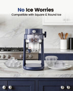 Shaved ice maker beside square ice cubes, round ice molds and a clear serving bowl