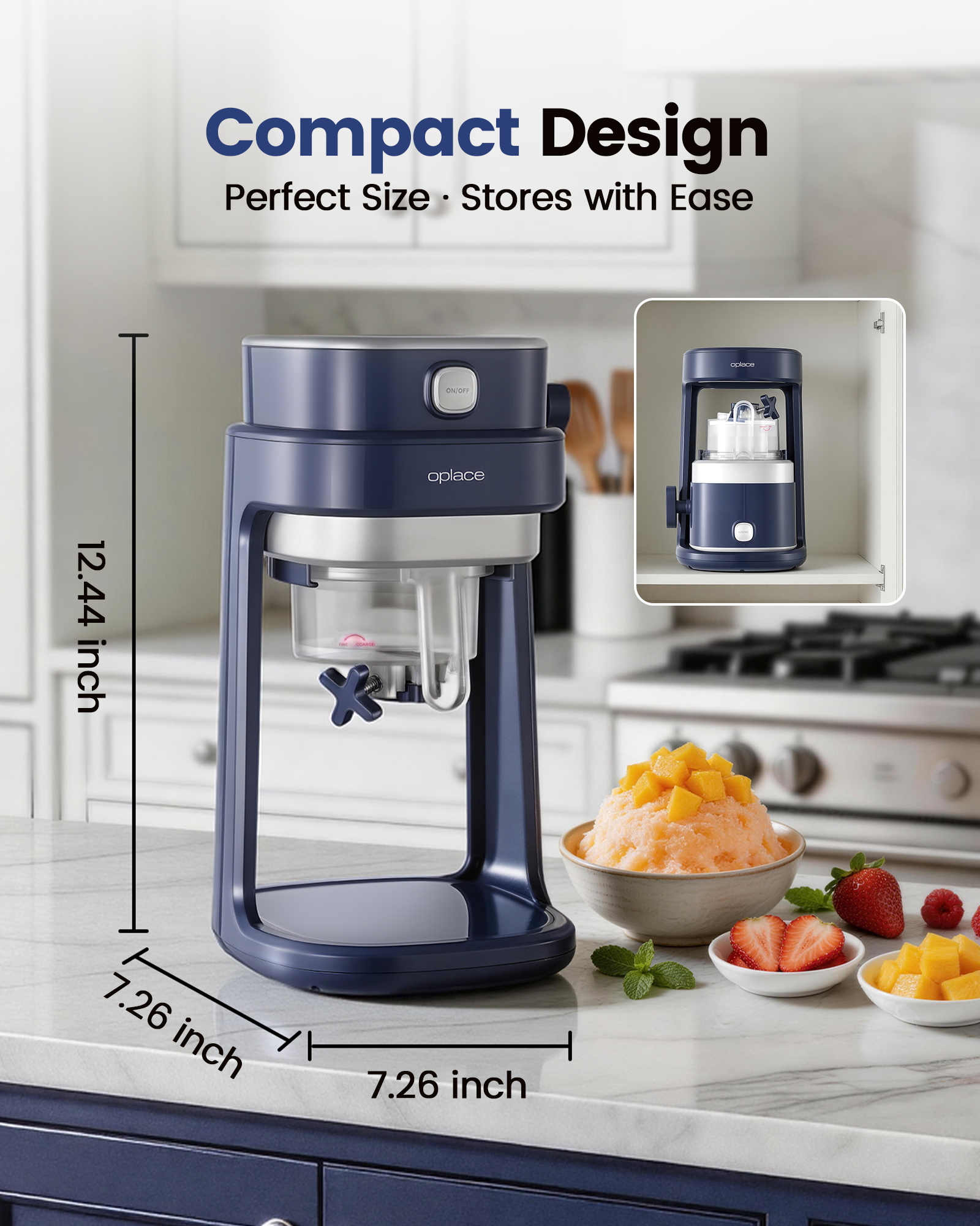 Electric Shaved Ice & Snow Cone Maker - One-Touch Operation, Adjustable Texture with 2 Ice Molds (Dark Blue) - OPLACE Home Series
