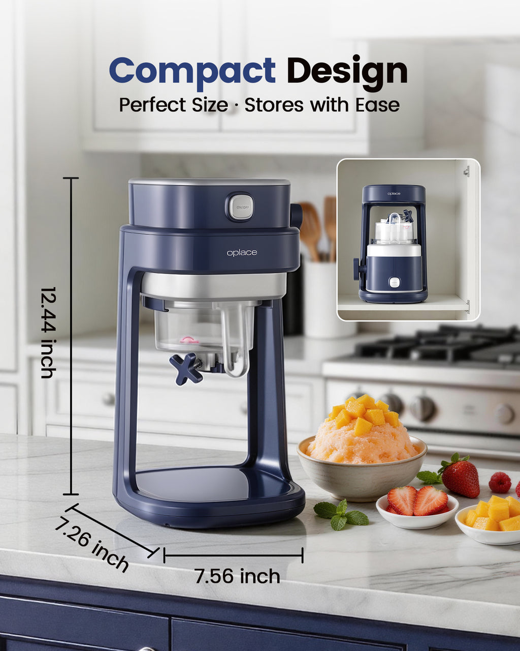 Electric Shaved Ice & Snow Cone Maker - One-Touch Operation, Adjustable Texture with 2 Ice Molds (Dark Blue) - OPLACE Home Series