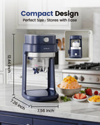 Compact navy shaved ice maker with height and width measurements on a counter