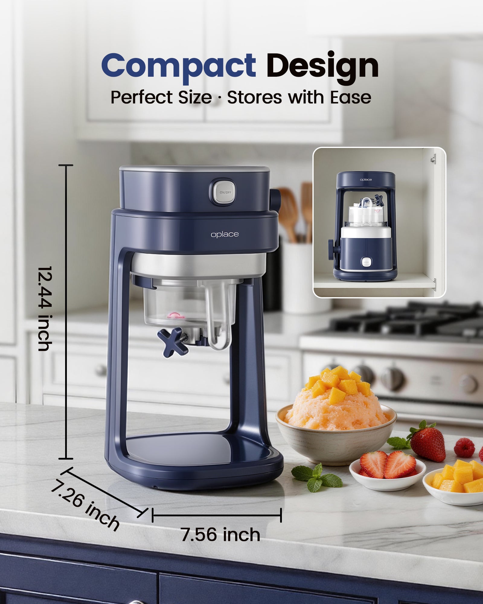 Electric Shaved Ice & Snow Cone Maker - One-Touch Operation, Adjustable Texture with 2 Ice Molds (Dark Blue) - OPLACE Home Series