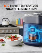 Compressor ice cream maker with temperature sensor graphic beside strawberry yogurt