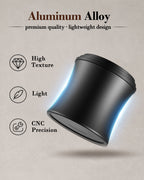 Angled close-up of the black aluminum dosing cup with threaded rim and metal base