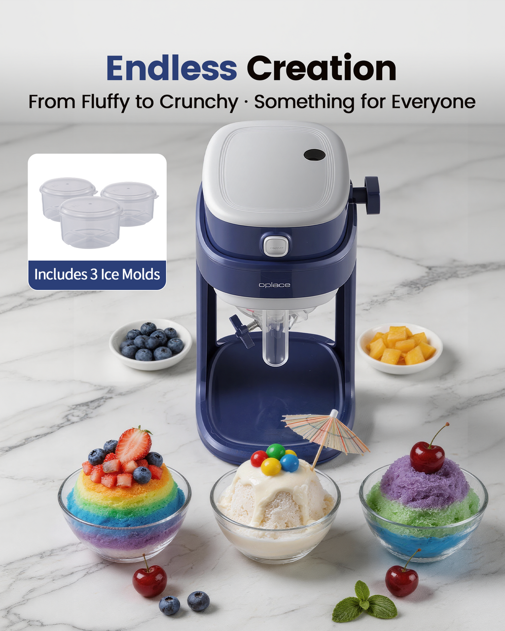 Electric Shaved Ice & Snow Cone Maker - One-Touch Operation, Adjustable Texture with 2 Ice Molds (Dark Blue) - OPLACE Home Series