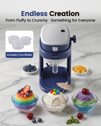Shaved ice maker surrounded by colorful dessert bowls and included round ice molds