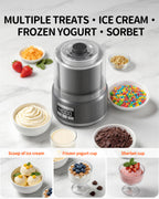 Ice cream maker surrounded by bowls of ice cream, frozen yogurt and sorbet