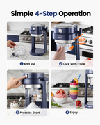 Four-step graphic showing add ice, lock the holder, press the button and serve shaved ice
