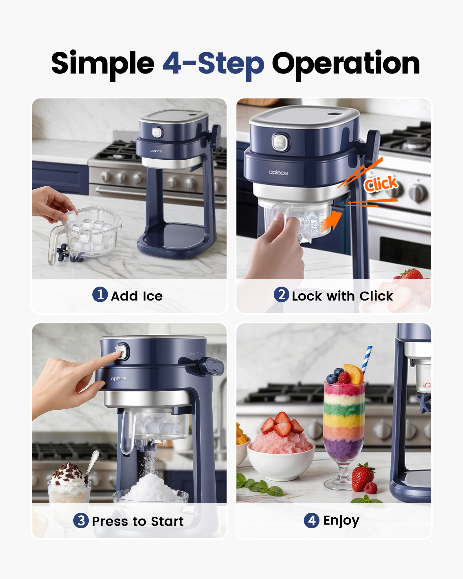 Electric Shaved Ice & Snow Cone Maker - One-Touch Operation, Adjustable Texture with 2 Ice Molds (Dark Blue) - OPLACE Home Series
