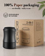 Black espresso scale and dosing cup beside the OPlace recyclable paper retail box