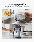 Clear ice holder rinsed under a faucet and navy shaved ice maker wiped clean